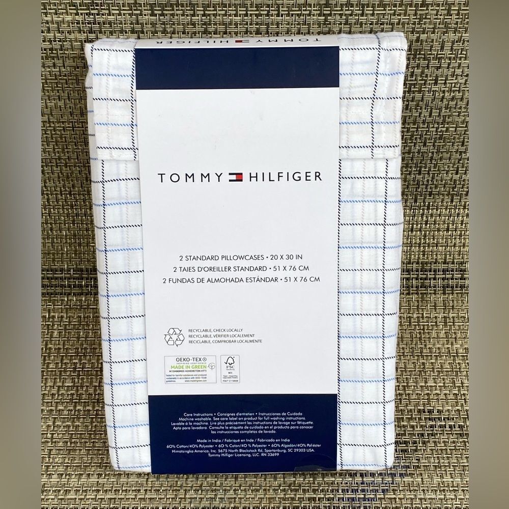 Tommy Hilfiger White Blue Plaid Printed Cotton Blend STANDARD Pillowcase Set 2pc - Picture 6 of 6